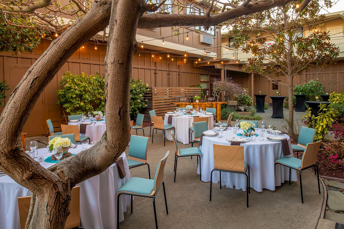 An outdoor event setup with round tables covered in white tablecloths, chairs, and floral centerpieces, surrounded by plants, and string lights above.