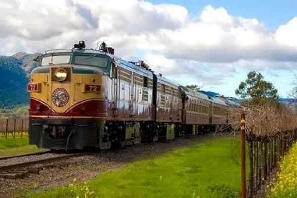 A vintage train travels through a scenic countryside, surrounded by green fields and mountains under a partly cloudy sky, with grapevines lining the tracks.