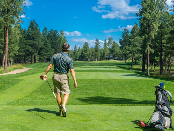 A person is on a golf course, mid-swing, surrounded by trees and greenery under a clear, blue sky, with a golf cart and bag nearby to the right.