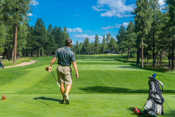 A person is on a golf course, mid-swing, surrounded by trees and greenery under a clear, blue sky, with a golf cart and bag nearby to the right.