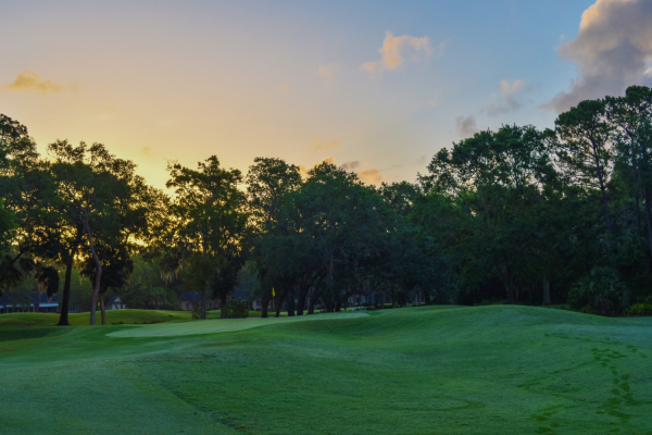 A serene image of a golf course at dawn or dusk, featuring lush green fairways, tall trees, and a vibrant sky with soft clouds.