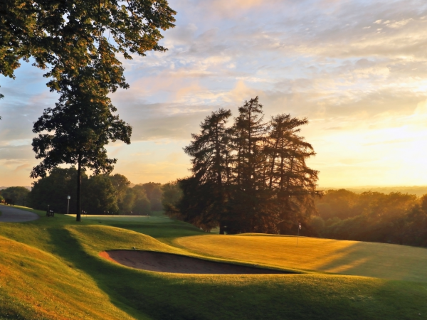 A serene golf course at sunset with lush green grass, sand bunkers, and tall trees, bathed in golden sunlight.