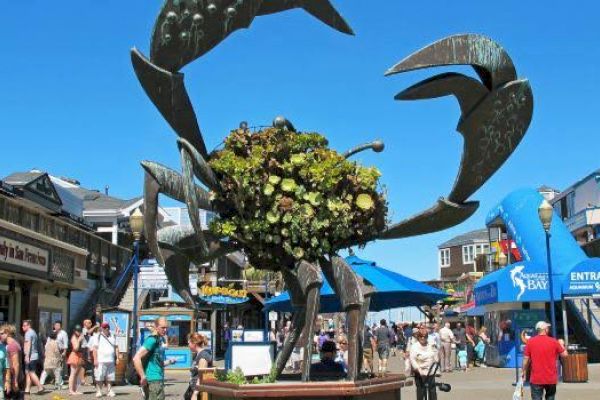 A large crab sculpture with a plant arrangement stands in a bustling outdoor area with shops and people walking around under a clear blue sky.