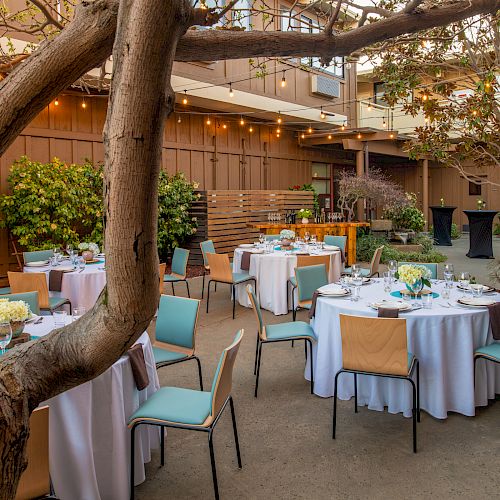 An outdoor dining area with round tables covered in white tablecloths, colorful chairs, and floral centerpieces, surrounded by greenery and a tree.