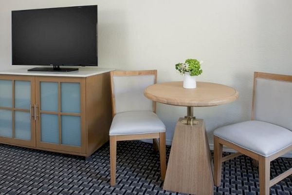 The image shows a small table with two chairs, a television on a cabinet, and a decorative plant on the table, all set in a room.