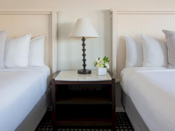 The image shows a hotel room with two neatly made beds, a nightstand between them, a lamp on the nightstand, and a small bouquet of flowers.