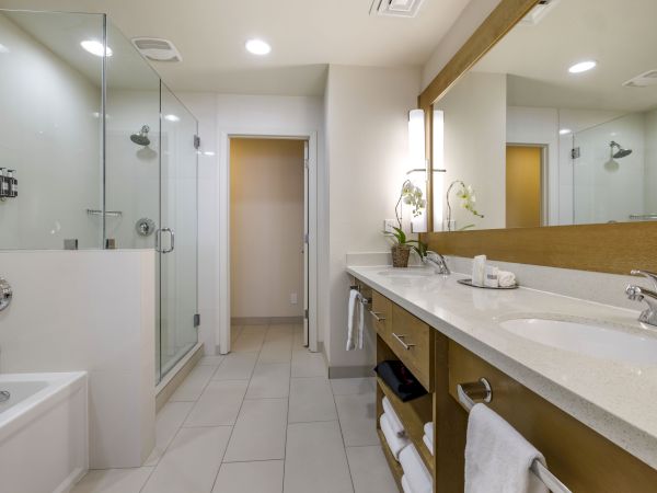 This image shows a modern bathroom with a bathtub, glass-enclosed shower, double sink vanity, large mirror, and elegant lighting.