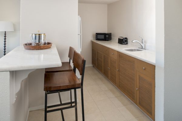 A small kitchenette with a countertop, two wooden chairs, cabinetry, a sink, a toaster, a microwave, and a fridge in the background.