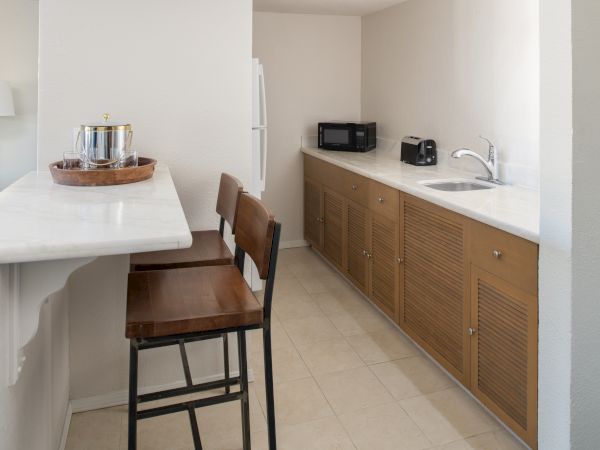 A small kitchenette with a countertop, two wooden chairs, cabinetry, a sink, a toaster, a microwave, and a fridge in the background.