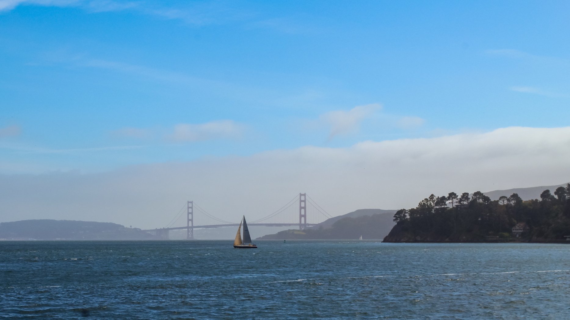 The image shows a sailboat on the water with a scenic backdrop of the Golden Gate Bridge and a tree-covered hill under a partly cloudy sky.
