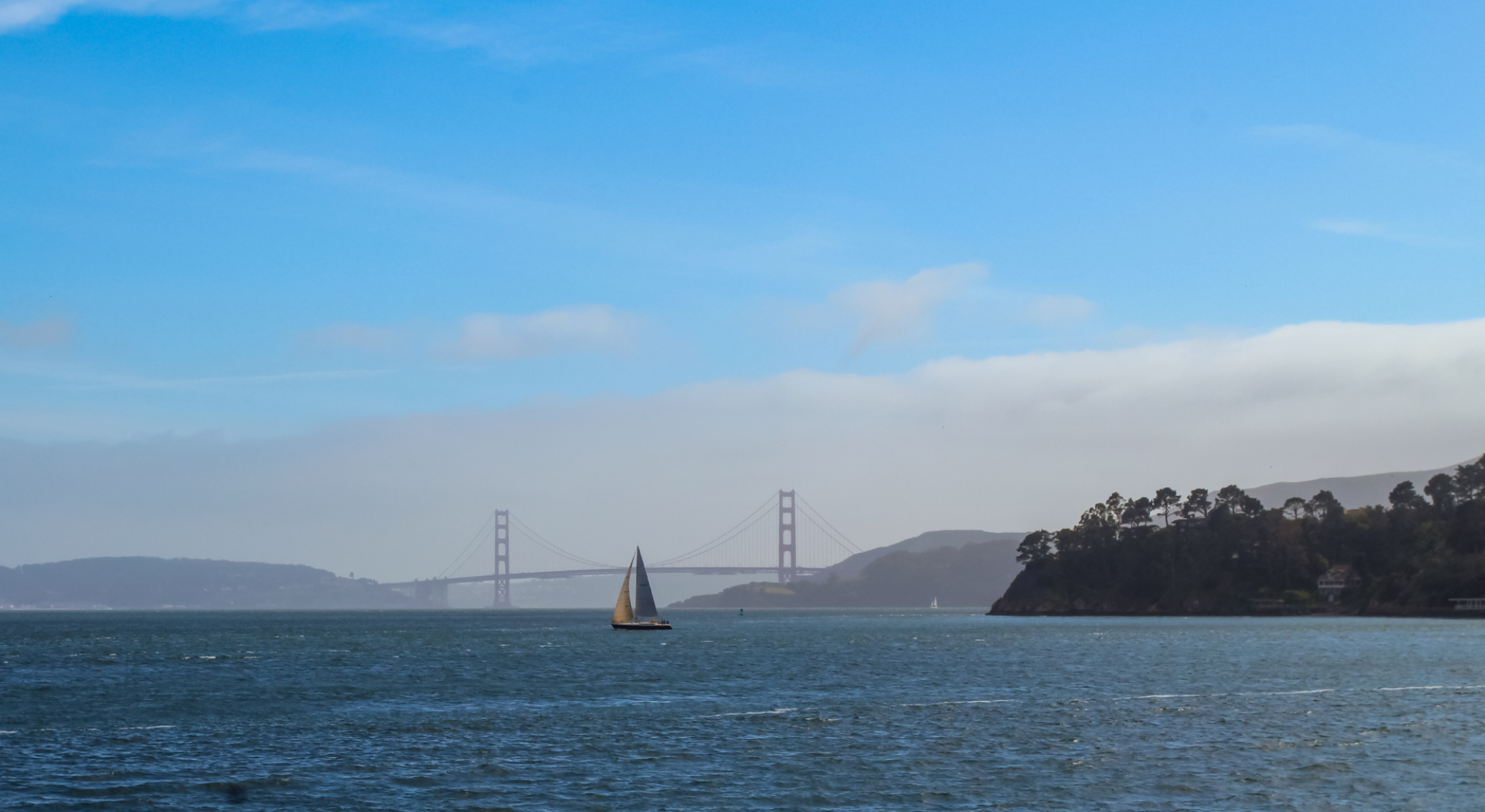 The image shows a sailboat on the water with a scenic backdrop of the Golden Gate Bridge and a tree-covered hill under a partly cloudy sky.