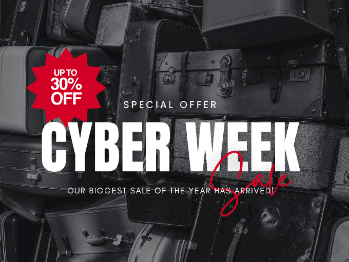 The image shows a Cyber Week sale advertisement featuring stacked luggage and announcing discounts of up to 30% off.