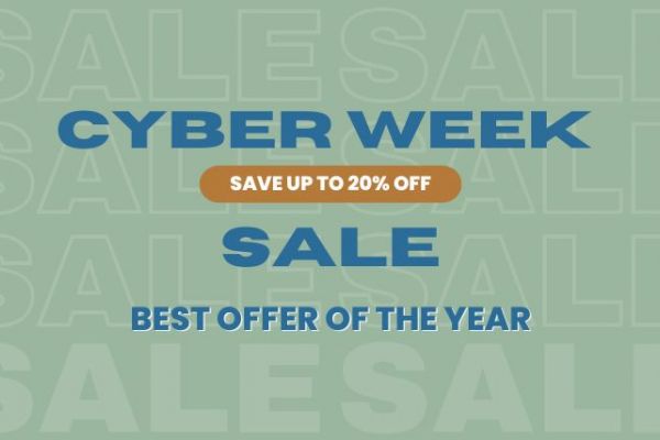 The image advertises a Cyber Week Sale with up to 20% off, highlighting it as the best offer of the year.