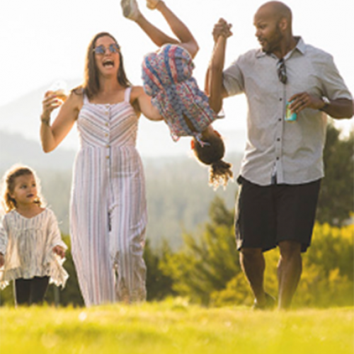 A family enjoys a sunny day outdoors, with parents swinging a young child by the arms while another child walks beside them on the grass.