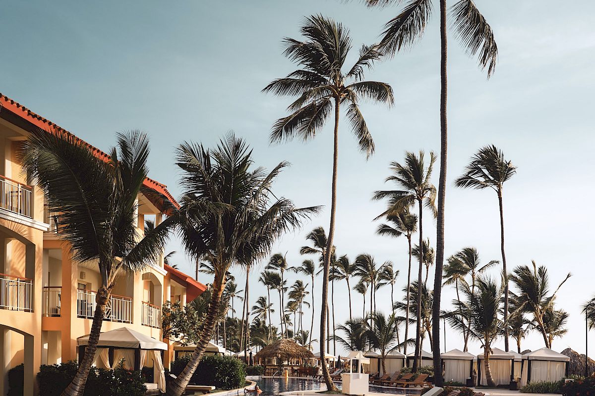 The image shows a serene resort scene with an outdoor pool surrounded by lounge chairs and tall palm trees, next to a multi-story building.