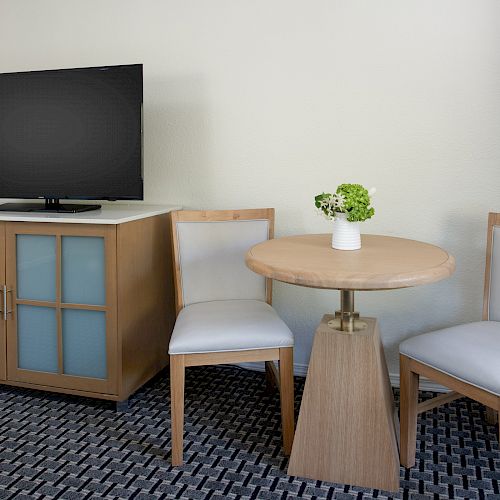 The image shows a room with a TV on a cabinet, two chairs around a small wooden table with a vase and flowers on it, and a carpeted floor.