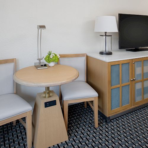 The image shows a small dining area with two chairs, a round table with a plant and lamp, and a TV on a cabinet. The room has a modern and simple setup.